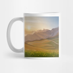 Golden Sunrise Over Hilly Green Fields and Yellow Tulips Landscape Digital Illustration Mug